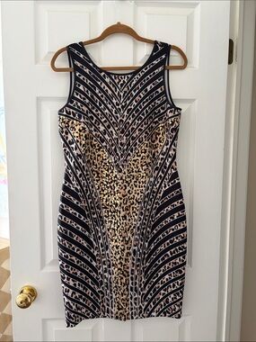 Thalia Sodi Navy and Beige Leopard-Print Sheath Dress